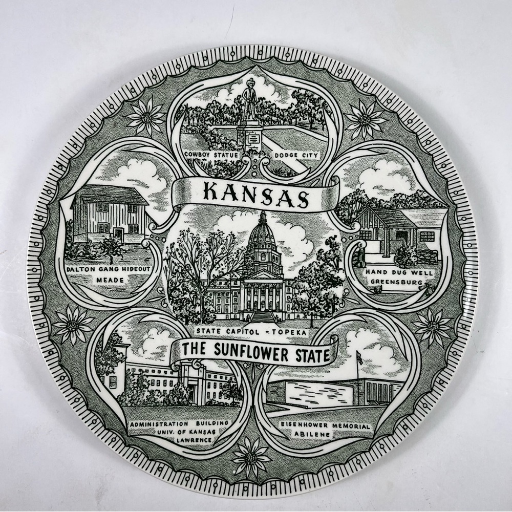Vintage 1960s Kansas The Sunflower State Souvenir Plate - 9.5 inch